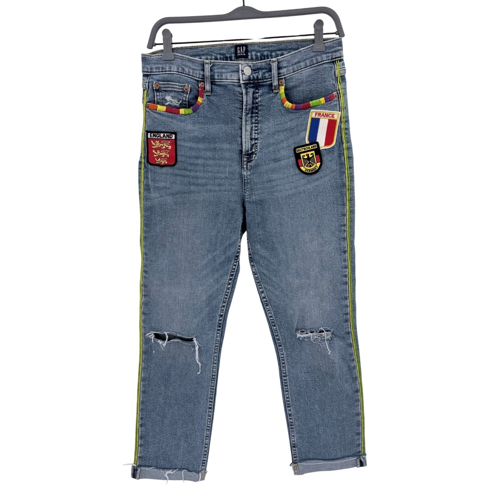 GAP Cigarette Jeans 29R Medium Wash Travel Patches Rainbow Embroidery Distressed